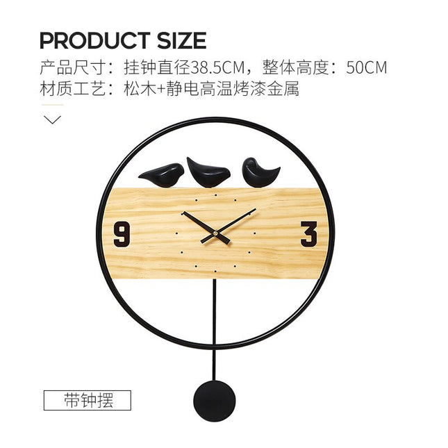 Skandynawski zegar ścienny z ptaszkami