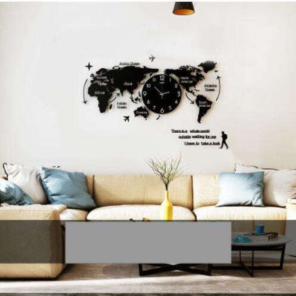 Czarny zegar ścienny naklejany mapa świata