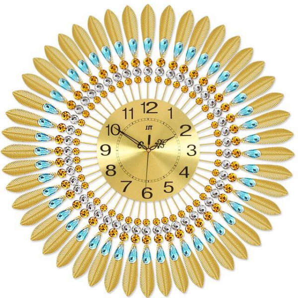 Złoty ozdobny zegar ścienny z kryształkami