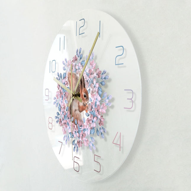 Zegar ścienny z wiewiórką i kwiatami