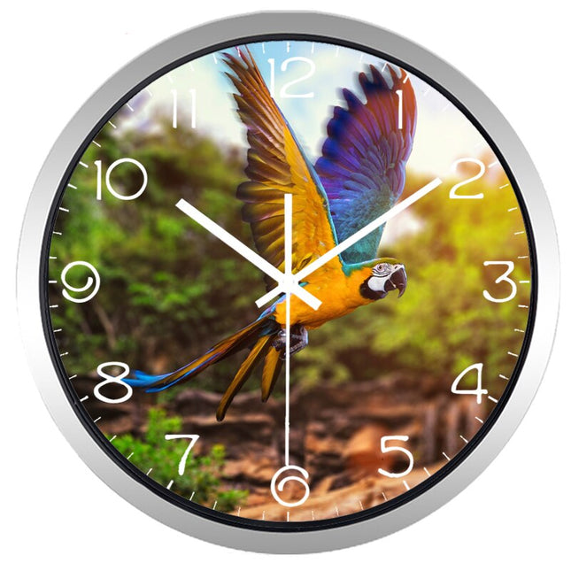 Okrągły zegar ścienny z papugą