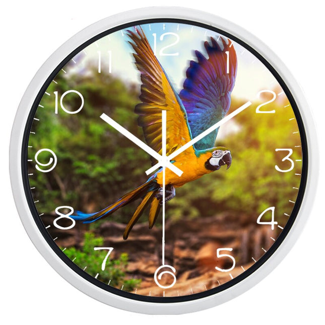 Okrągły zegar ścienny z papugą