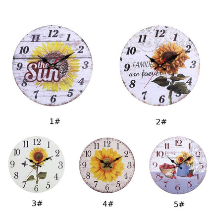 Drewniany zegar ścienny z motywem słonecznika