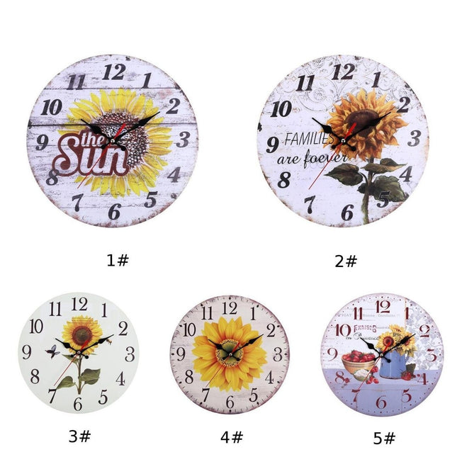 Drewniany zegar ścienny z motywem słonecznika
