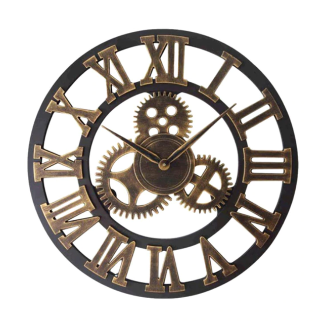 Brązowy zegar industrialny z widocznym mechanizmem