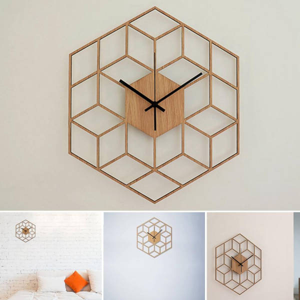 Geometryczny drewniany zegar ścienny 3D