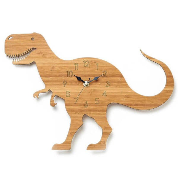 Drewniany zegar ścienny w kształcie dinozaura