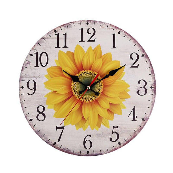 Drewniany zegar ścienny z motywem słonecznika
