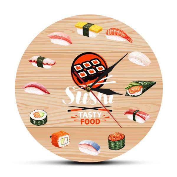 Drewniany zegar ścienny z motywem sushi